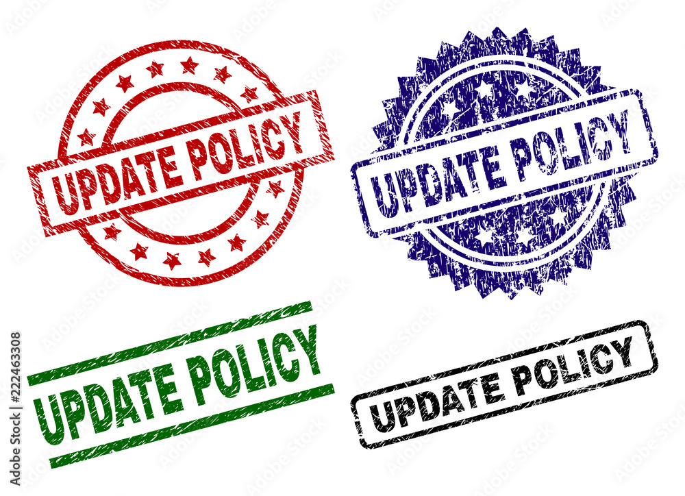 UPDATE POLICY seal prints with damaged texture. Black, green,red,blue vector rubber prints of UPDATE POLICY title with dust texture. Rubber seals with round, rectangle, medallion shapes.