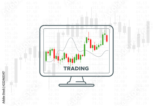 Forex trading graph. Vector financial technology illustration. Investment strategies or online trading concept. Desktop computer monitor with candlestick chart. Stock exchange indicators.