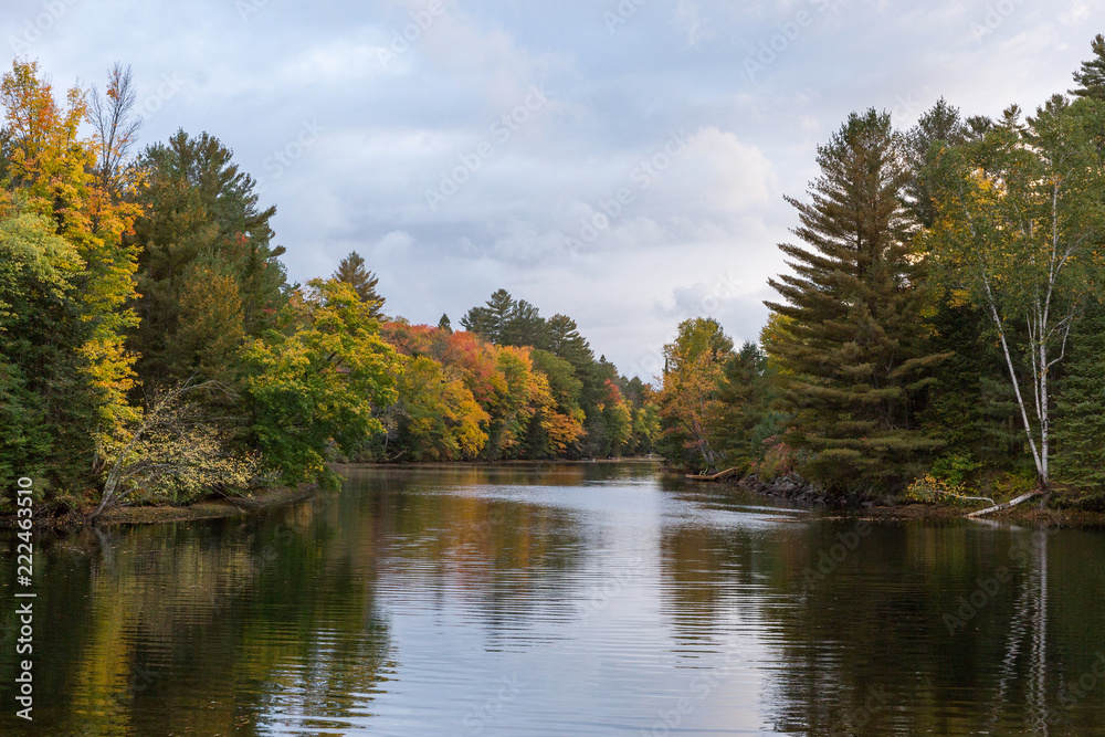 River during the fall on a cloudy day in Muskoka, Ontario, Canada.