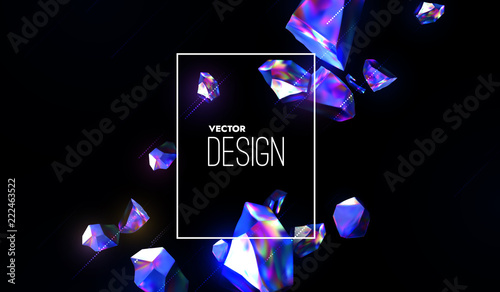 Abstract trendy cover design. Vector 3d illustration of realistic iridescent fractured stones. Black background with broken holographic shapes. Dynamic modern backdrop. Banner template.