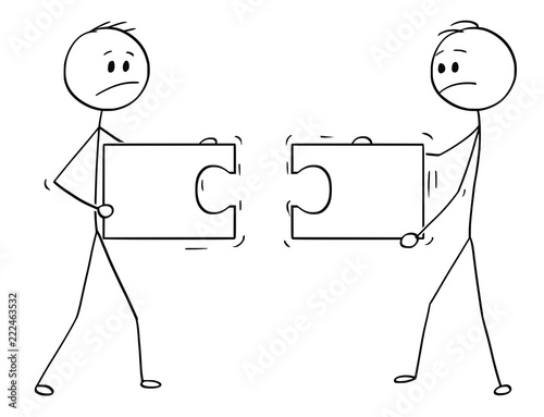 Cartoon stick man drawing conceptual illustration of two businessmen holding and trying to connect two unmatching pieces of jigsaw puzzle. Business concept of problem and malfunction teamwork or