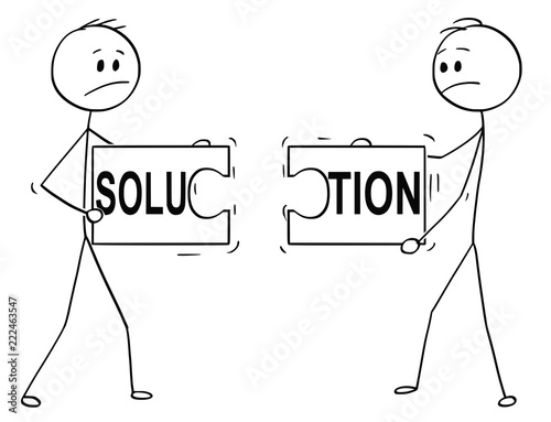 Cartoon stick man drawing conceptual illustration of two businessmen holding and trying to connect two unmatching pieces of jigsaw puzzle with solution text. Business concept of cooperation failure