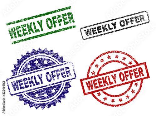 WEEKLY OFFER seal prints with damaged surface. Black, green,red,blue vector rubber prints of WEEKLY OFFER text with grunge surface. Rubber seals with round, rectangle, rosette shapes.