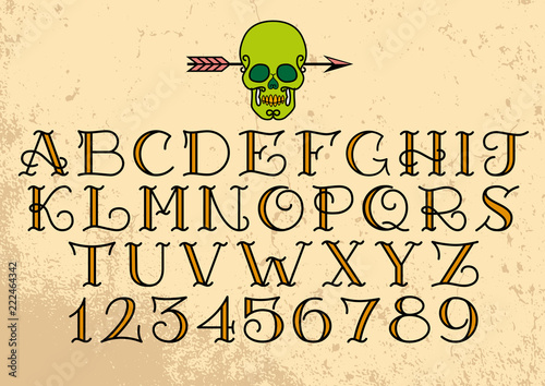 Old school alphabet tattoo. Tattoo is a font with a skull with an arrow on a grunge background.