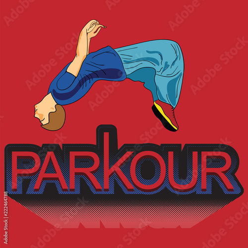 Parkour is a man. Flip back. Vector in the style of pop art. A man in sportswear. Print for fabric.