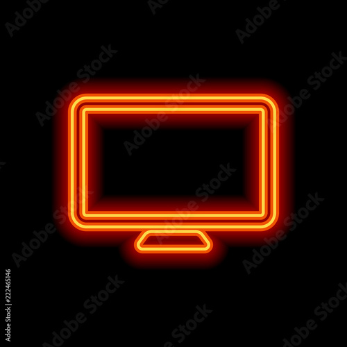 Computer monitor or modern TV. Simple icon. Orange neon style on