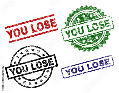 YOU LOSE seal stamps with corroded style. Black, green,red,blue vector rubber prints of YOU LOSE title with corroded surface. Rubber seals with round, rectangle, medal shapes.