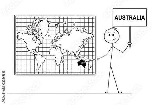 Cartoon stick drawing conceptual illustration of man using pointer and pointing at Commonwealth of Australia on big wall world map.