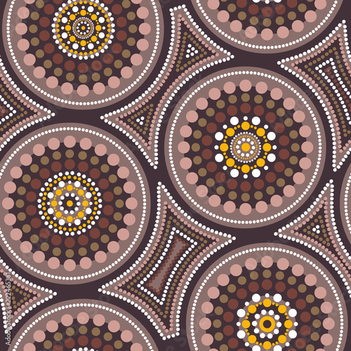 Australian aboriginal seamless vector pattern with dotted circles and crooked squares