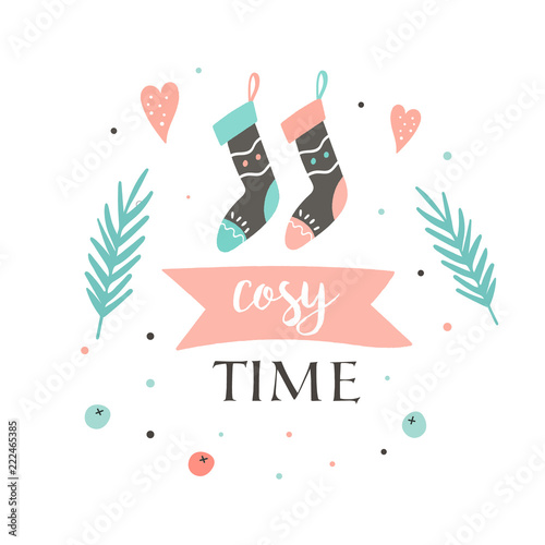 Winter hygge socks, greeting holiday card