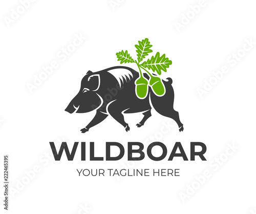 Wild boar and oak leaves with acorns, logo design. Animal, hunting, nature and wildlife, vector design and illustration