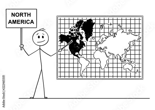 Cartoon stick drawing conceptual illustration of man holding a sign and using pointer and pointing at North America continent on big wall world map.