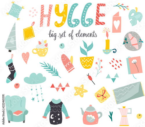 Big set of Hygge elements in scandinavian style