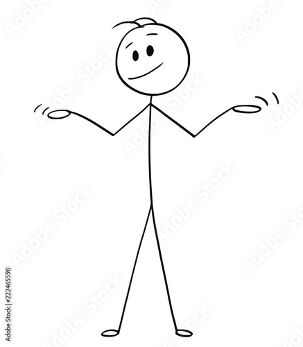 Cartoon stick drawing conceptual illustration of man or businessman spreading his arms in innocence or uncomprehending gesture.