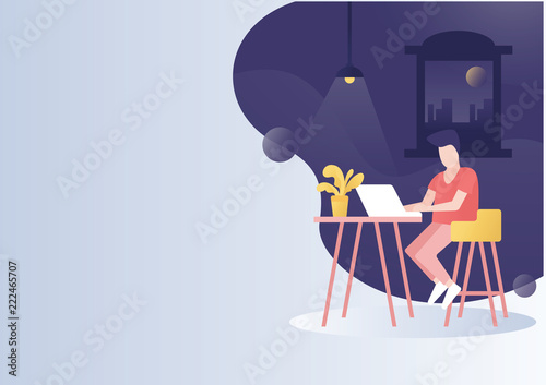 women working on night with laptop. vector modern flat character illustration