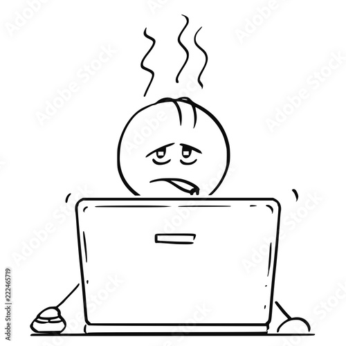 Cartoon stick drawing conceptual illustration of tired and overworked man or businessman working or typing on laptop or notebook computer.