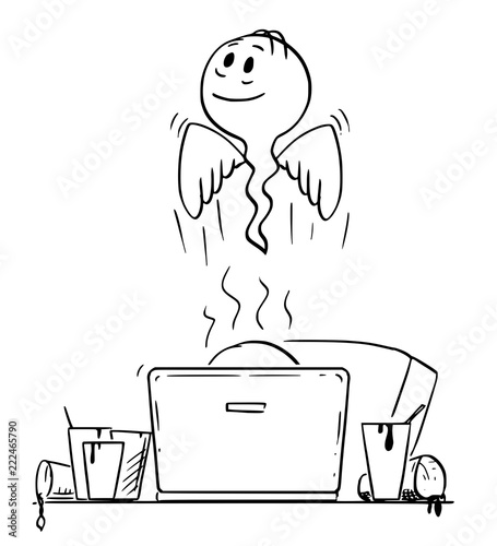 Cartoon stick drawing conceptual illustration of man or businessman, who died while working on computer tired and overworked, and who was drinking coffee from many empty cups around.