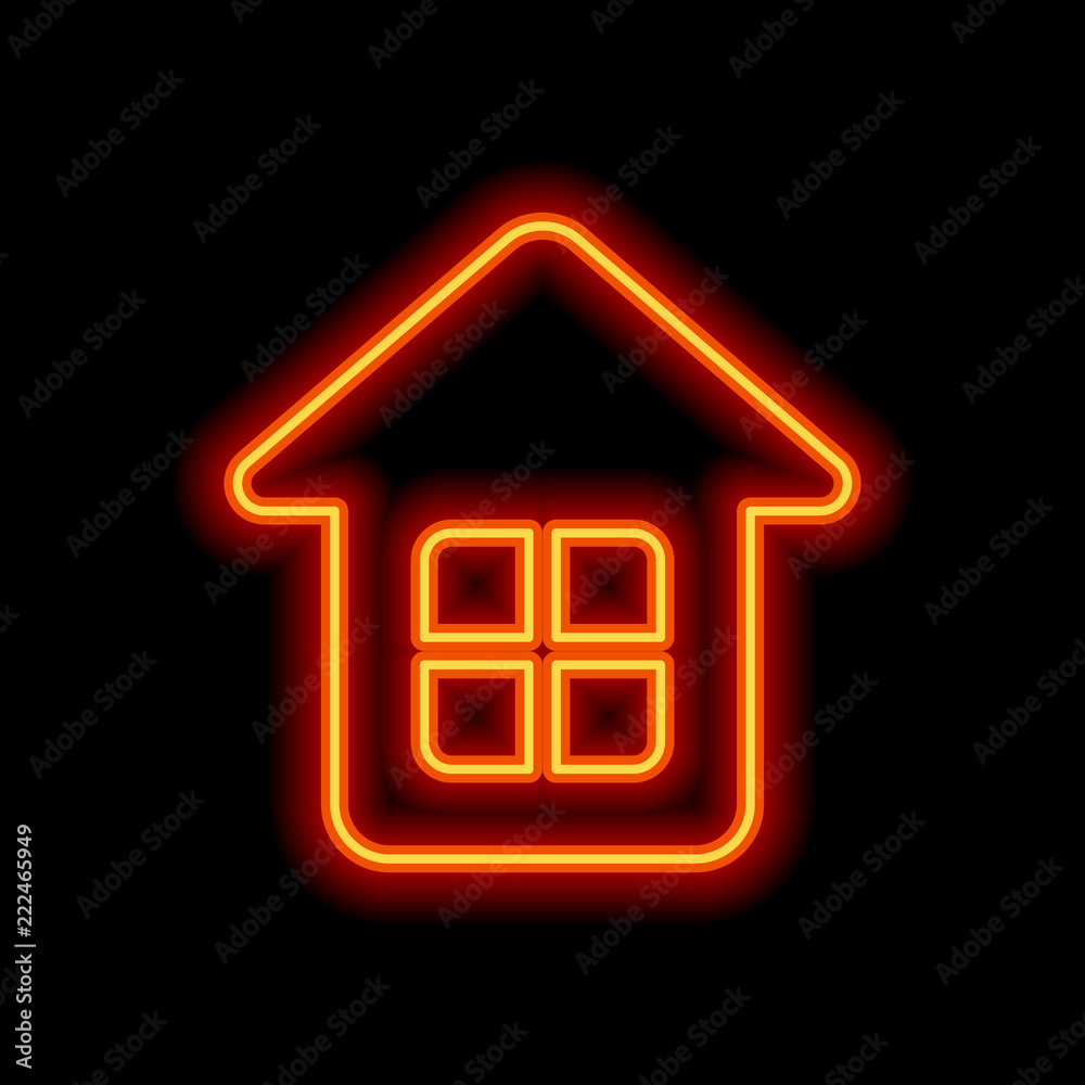 Simple house icon. Orange neon style on black background. Light Simple house icon. Orange neon style on black background. Light