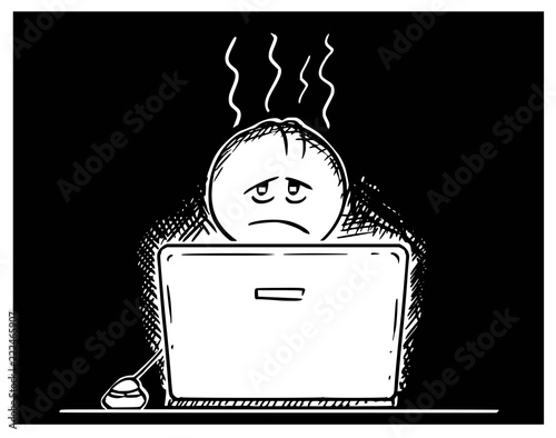 Cartoon stick drawing conceptual illustration of tired and overworked man or businessman working or typing on laptop or notebook computer in night.