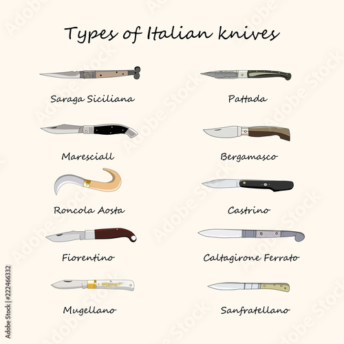 Types of Italian knives, hand drawn vector illustration photo