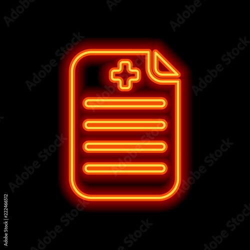 Medical history or report. Paper and medical cross. Orange neon