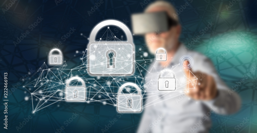 Man touching a network security concept Man touching a network security concept