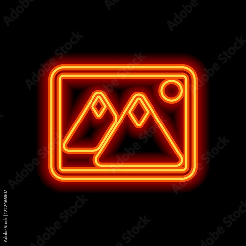 Picture with couple of mountains and sun. Simple icon. Orange ne