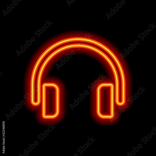 Simple headphones icon. Orange neon style on black background. L