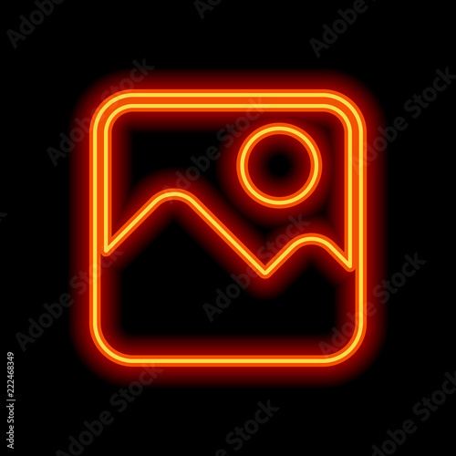 Simple picture icon. Orange neon style on black background. Ligh