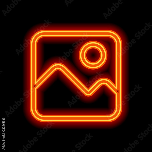 Simple picture icon. Linear symbol, thin outline. Orange neon st