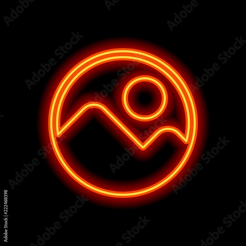 Simple picture icon. Orange neon style on black background. Ligh