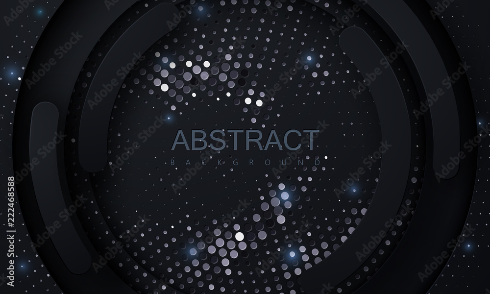 Obraz premium Black paper cut background. Abstract realistic papercut decoration textured with silver halftone pattern. 3d backdrop. Carving art. Vector illustration. Cover layout template. Material design concept