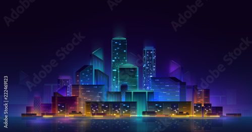 Night cityscape with neon lights. Vector architectural illustration. Nightlife concept. City skyline reflected in water.