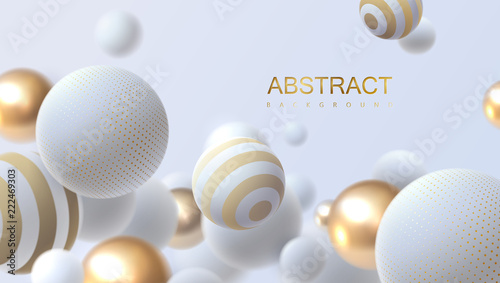 Fototapeta Naklejka Na Ścianę i Meble -  Falling white and golden soft spheres. Vector realistic illustration. Abstract background with 3d geometric shapes. Modern cover design. Ads banner template. Dynamic wallpaper with balls or particles
