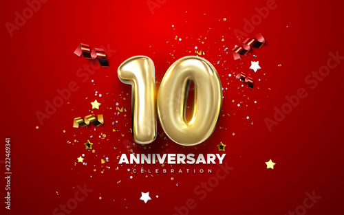10th Anniversary celebration. Golden numbers with sparkling confetti, stars, glitters and streamer ribbons. Vector festive illustration. Realistic 3d sign. Party event decoration