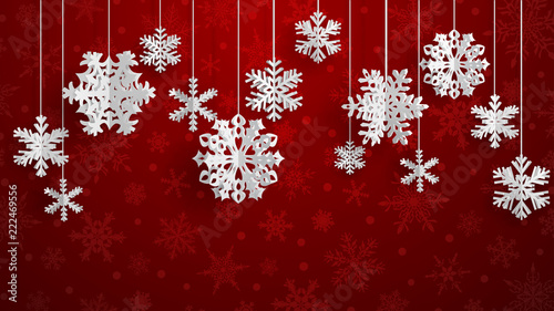 Christmas illustration with white three-dimensional paper snowflakes hanging on red background