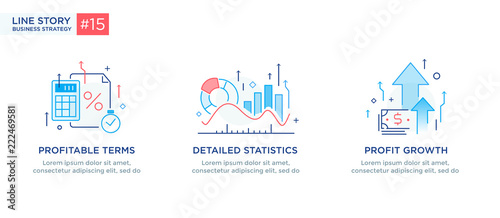 Set of illustrations concept with business concept. Workflow, growth, graphics. Business development, milestones, start-up. linear illustration Icons infographics. Landing page site print poster. Line