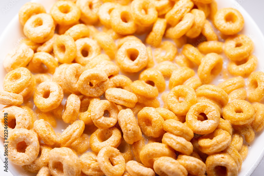 top view cereal rings with milk close up top view cereal rings with milk close up