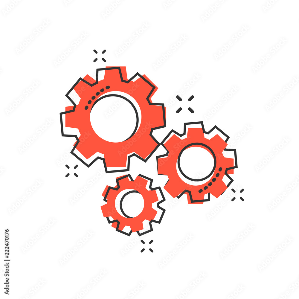 Vector cartoon gear icon in comic style. Cog wheel concept illustration pictogram. Gearwheel cogwheel business splash effect concept. Vector cartoon gear icon in comic style. Cog wheel concept illustration pictogram. Gearwheel cogwheel business splash effect concept.
