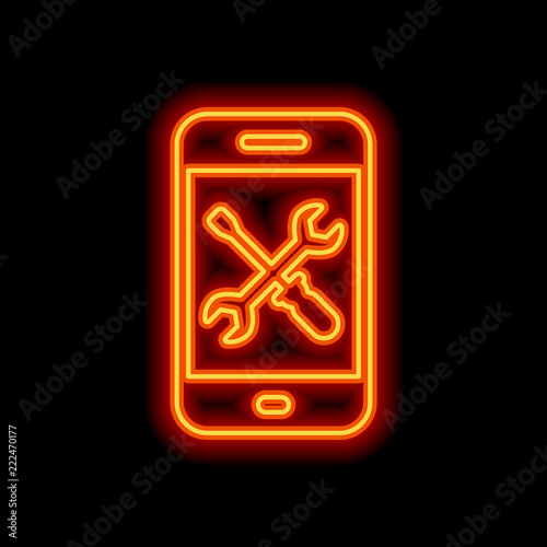 Phone repair service icon. Orange neon style on black background