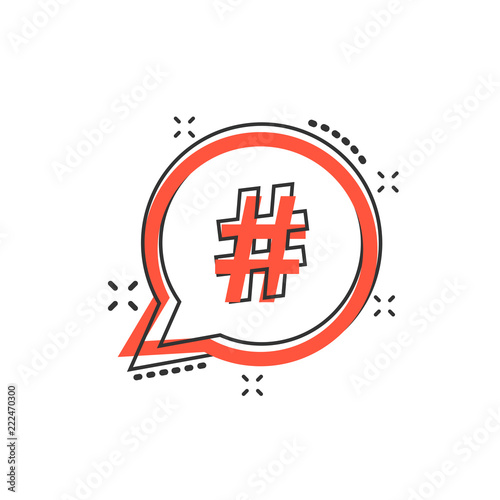 Vector cartoon hashtag icon in comic style. Social media marketing concept illustration pictogram. Hashtag network business splash effect concept.