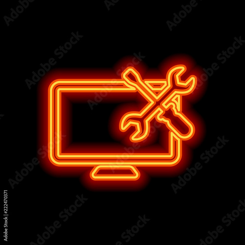 Computer repair service. Orange neon style on black background.
