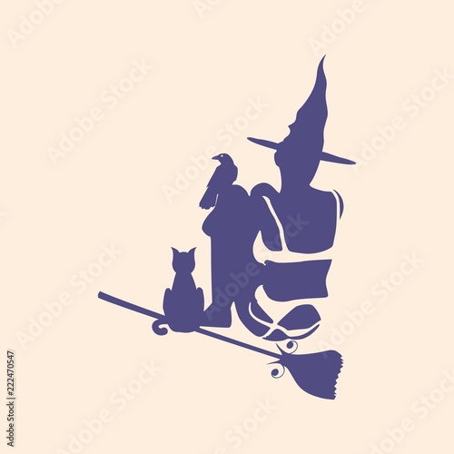 Illustration of sitting young witch wearing lingerie. Witch silhouette with a broomstick, cat and raven. Halloween relative image