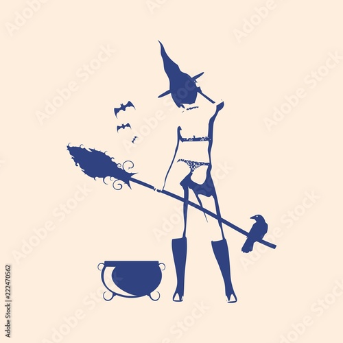 Illustration of standing young witch icon. Witch silhouette with a broomstick, caldron, cat and raven. Halloween relative image