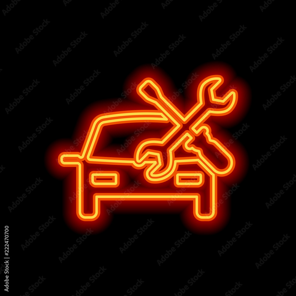 Car service, repair instrument, fix. Orange neon style on black Car service, repair instrument, fix. Orange neon style on black