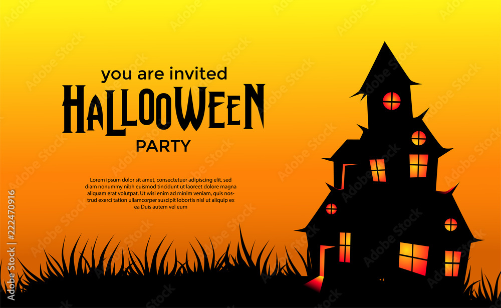 Halloween party with scary silhouette house. Trick or Treat invitation. poster banner template.