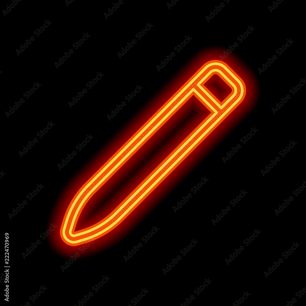 Obraz premium Simple pencil. Linear, thin outline. Orange neon style on black