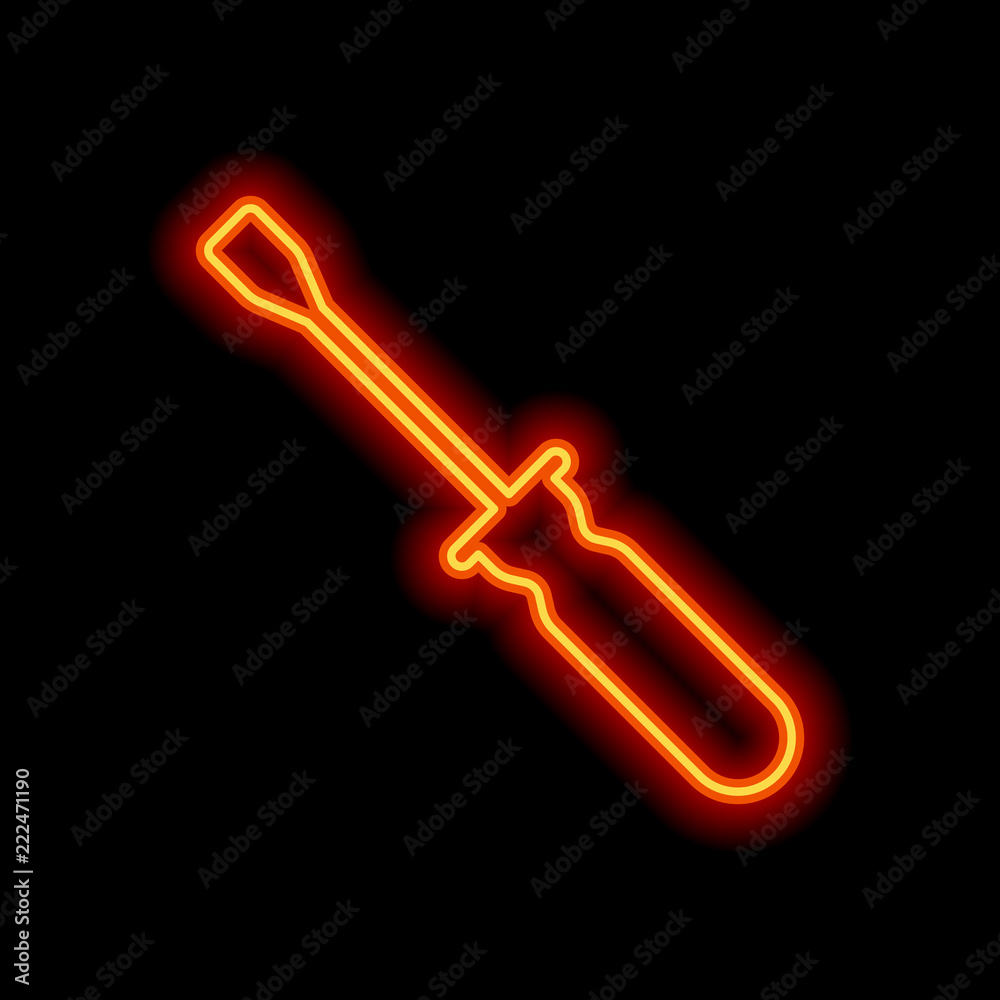 Simple silhouette of screwdriver. Orange neon style on black bac