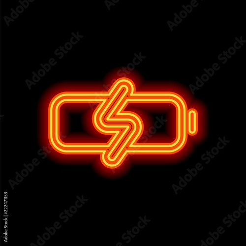 Simple charge battery, charging level. Orange neon style on blac