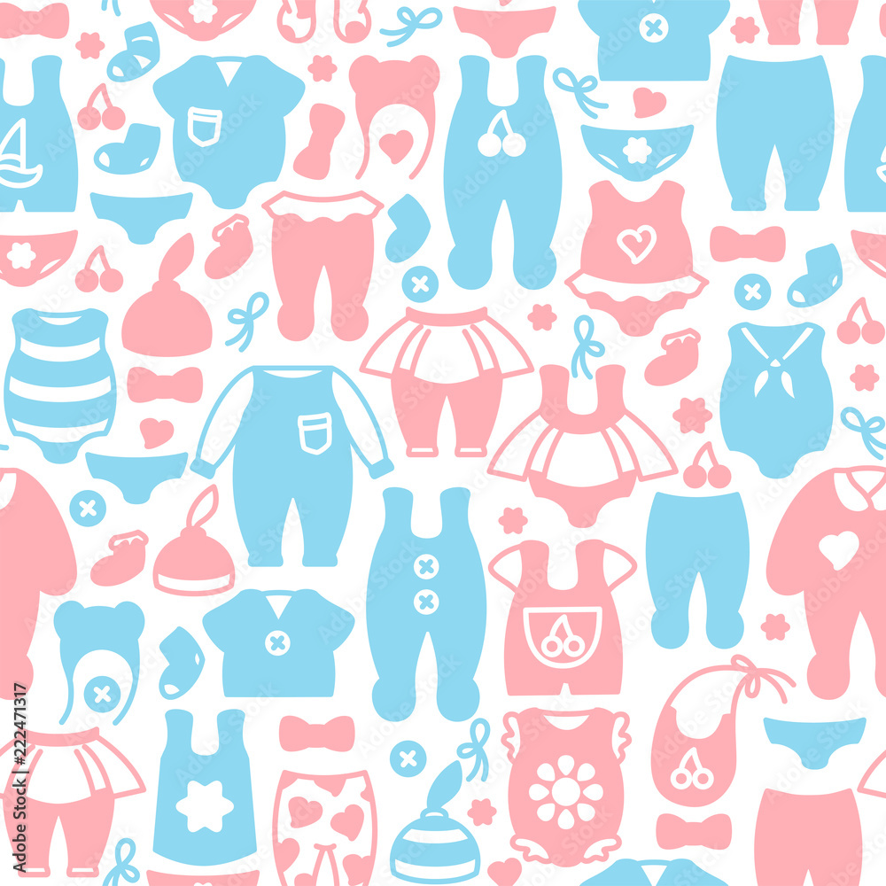 Baby clothes seamless pattern. Flat style vector illustration. Suitable for wallpaper, wrapping or textile